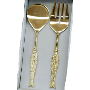 Poisson Design Poignée En Acier Inoxydable Or Ton Miroir Poli Salade serveur fantaisie Métal Décoratif Style Occidental salade Serveur ensemble - Product Image 5