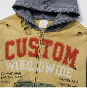 Fabricante de Ropa Urbana, Sudaderas con Capucha de Algodón Grueso, Lavado Desgastado, con Bloques de Color, Sudaderas con Capucha Extra Grandes con Cierre y Estampado Personalizado para Hombre - Product Image 5