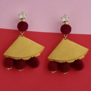 Kriaa <b>Fashion</b> <b>Chandelier</b> <b>Earrings</b> 1315513A Austrian Stone and Maroon Pom Pom Dangler - Product Image 1