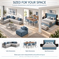 Ensemble de meubles modernes bleus et gris sur mesure pour toute la maison, canapé modulaire, table à manger, chaises et lit rembourré