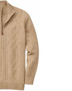 Manufacturer Custom <b>Mens</b> Quarter Zip Cable Knit Sweater Beige Textured Pattern High Neck Warm Winter Casual Pullover OEM Custom - Product Image 4