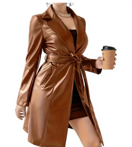 Manteau long en similicuir PU pour femme grande taille, coupe-vent, chaud, pour l'hiver, avec ceinture, style décontracté, manteau long en cuir pour femme - Product Image 6