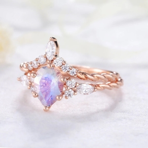 Bague de mariage en or massif 100% naturel, pierre précieuse en pierre de lune arc-en-ciel, nouveau design luxueux, bijoux fins avec diamants véritables - Product Image 2