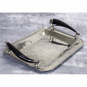 Plateau en métal argenté poli de qualité supérieure |   Conception de poignée en corne |   Plateau de fruits et de collations de luxe pour la restauration gastronomique, plateau de service en gros - Product Image 2