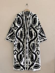 Cotton Suzani Handmade Traditional Embroidered Long Length <b>Kimono</b> Robe Duster <b>Jacket</b> - Product Image 1