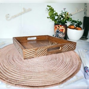 ถาดเสิร์ฟไม้ไผ่แบบมีมือจับถาดไม้ไผ่แกะสลักแบบชนบทสำหรับเสิร์ฟเครื่องดื่มชากาแฟ - Product Image 5