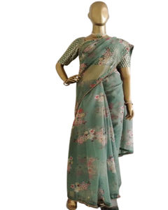 ผ้าส่าหรีงานดีไซน์เนอร์ผ้าลายดอกไม้ผ้าจอร์เจียพร้อมเสื้อแฮนด์เมดชุดใส่ประจำวัน - Product Image 1