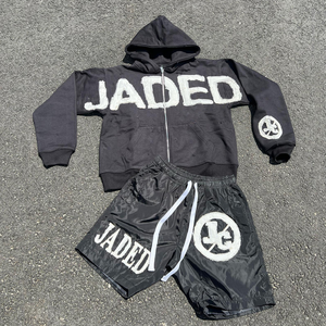 Custom Printed Distressed Embroidered <b>Patches</b> Logo Cotton Jogger Suit Oversized Hoodies <b>Shorts</b> Set Sweatsuits Tracksuits <b>Men</b> - Product Image 3