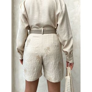 Women's Linen <b>Shorts</b> with <b>Belt</b> Detail and Embroidered Design - Product Image 3