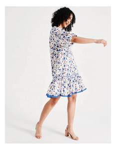 Vestido con estampado floral de algodón caliente 2/4 mangas Regular Fit cuello redondo encaje lazo escote Midi longitud tejido - Product Image 5