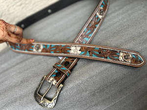 Luxury Cowboy Leaf Pattern Embossed Hand Carved Western Leather Tooled <b>Belt</b> With Heavy Floral Brass Buckle - Product Image 2