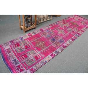 Tapis vintage, tapis turc de 3,2 x 12,4 pieds, tapis en laine abstrait rose et violet - Product Image 2