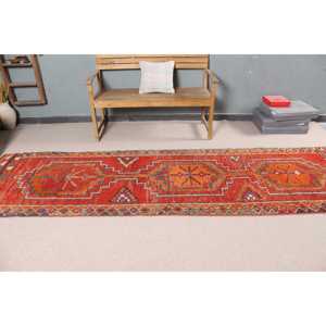 Tapis de 3,2 x 11 pieds, tapis turc vintage, tapis rouge uni - Product Image 2