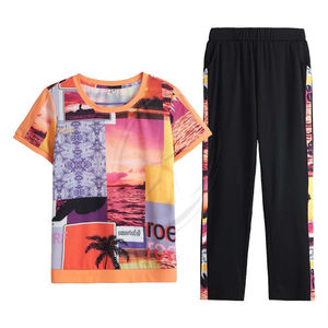 Ropa de mujer, novedad de verano, trajes de Pantalón deportivo de manga corta con cuello redondo suelto, conjunto de dos piezas informal transpirable, Azul, Morado, naranja, edad - Product Image 1