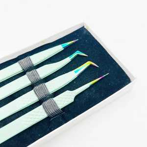 Pince à épiler pour extensions de cils en acier inoxydable recouvert de poudre rouge blush de type crochet incurvé, précision antistatique, volume russe - Product Image 2