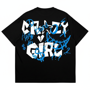 Camiseta Gráfica CRAZY GIRL, Diseño de Graffiti Azul, Estilo Urbano, Talla Grande, Algodón Grueso, Personalizable con Logotipo OEM - Product Image 2