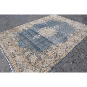 Alfombra de 7.4x10.4 pies, Alfombra Turca Vintage, Alfombra de Lana a Rayas Azul y Marrón - Product Image 3