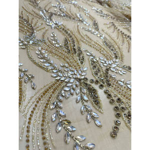 Luxury 100% Polyester Champagne Crystal Leaf Embroidered Woven Lace Fabric Breathable Lightweight Sheer with Free Sample - Product Image 2