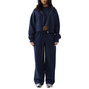 High Quality Warm Winter Acid Wash Embroidery Printed Full Zipper Solid <b>Navy</b> Pullover <b>Hoodies</b> for <b>Women</b> Streetwear Wholesale - Product Image 3