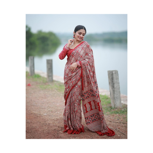 ชุดส่าหรีผ้าไหมเนื้อนุ่มพิมพ์ลาย ajrakh จากดีไซเนอร์ชาวอินเดียชุดสำหรับงานแต่งงานและงานปาร์ตี้ - Product Image 6