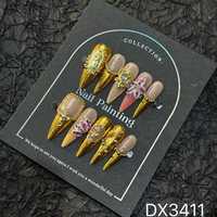 Faux ongles à presser faits main B191, motifs fleur en strass et alliage, couleur or nude, forme stiletto, pour usage professionnel en salon