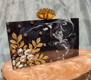 Traditional Indian Resin <b>Clutch</b> Purse <b>Pearl</b> Marble Finish Elegant Handmade Eco-Friendly Chain Strap for Weddings Cultural - Product Image 6