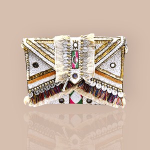 Handcrafted Boho Tribal Embroidered Jute <b>Clutch</b> <b>Pearl</b> Decoration Zipper Closure Portable Shoulder Strap Vintage Fashion Lady - Product Image 1
