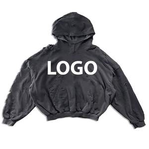 Sudadera con Capucha Personalizada con Logotipo, Estilo Urbano para Hombre, Vintage, Desgastada, con Agujeros, Lavado Ácido, Oversize, de Felpa, 100% Algodón Tejido, OEM - Product Image 5