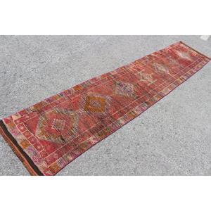 2.2x10.8 ft Turkish Rug, Vintage <b>Runner</b> Rug, <b>Red</b> Pink Check Wool Rug - Product Image 2