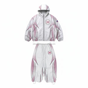 plus size High Quality 220GSM Windbreaker Set Soft Polyester Fabric Reflective <b>Pink</b> White Design Custom Logo Windbreaker Set - Product Image 1