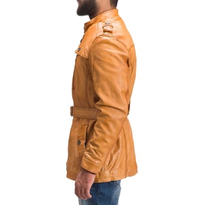 Chaquetas de cuero personalizadas, abrigos largos de cuero para hombre con bolsillos y cinturón, chaquetas bomber de cuero. - Product Image 6