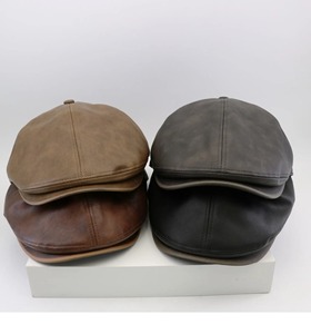 Gorra delantera Retro británica para hombres y mujeres, Boina informal de cuero PU, sombrero de invierno, cara octogonal pequeña, Color puro - Product Image 2