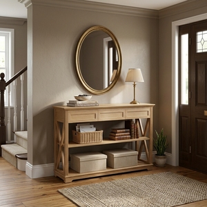 Mesa Consola Moderna de Madera de Roble Natural con 3 Cajones y 2 Estantes Abiertos, Mesa Auxiliar con Estructura en X para Entrada, Sofá o Sala de Estar - Product Image 4