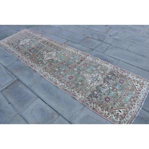 2.6x9.8 ft Vintage Runner Rug, <b>Brown</b> Blue Turkish Polka dot <b>Wool</b> Rug - Product Image 2