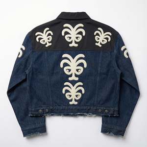 Custom Y2K Women Short <b>Cropped</b> <b>Denim</b> <b>Jacket</b> 3D Puff Print Nylon Panel Patchwork Raw Hem Baggy Boxy Fit Streetwear Finished - Product Image 3