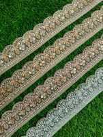 Bordures brodées exquises en Zari, paillettes et fils métalliques dorés pour tenues de mariée, décorations de mariage et artisanat de mode de luxe en gros