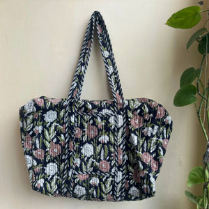 Bolso de mano indio con estampado de bloques de algodón hecho a mano para mujer, bolso de hombro acolchado de estilo Vintage con cremallera para viaje - Product Image 1
