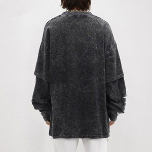 Venta al por mayor de doble capa de lavado ácido largo Camiseta de manga doble personalizada de alta calidad cuello redondo lavado ácido largo Camiseta de manga doble - Product Image 2