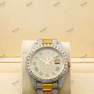 Reloj de diamantes de moissanita de dos tonos de 40mm de la mejor calidad, acento dorado con número romano verde único, esfera analógica, estilo antiguo de lujo - Product Image 6