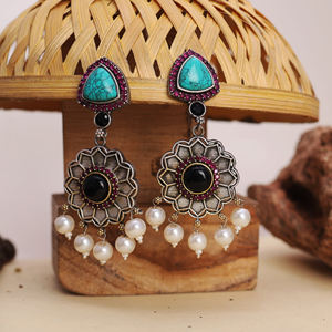 <b>Turquoise</b> Pearl Dangle <b>Earrings</b> Handmade Oxidized Silver Gift for her - Product Image 4