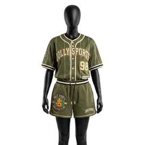 Ensemble short de baseball personnalisé pour femme en polyester interlock, avec passepoil marron et logo brodé en twill, pour femmes - Product Image 3