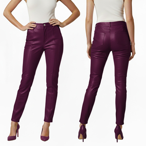 Pantalones de Lona y Cuero de Cintura Media para Mujer, Estilo Urbano, Ajustados, Invierno, Ecológicos, Resistentes al Viento, Morado y Marrón - Product Image 3