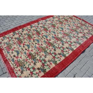 Vintage <b>Wool</b> Turkish Rug 5.6x8.8 ft (170x269 Cm) <b>Red</b> Check Patchwork Design with Latex Backing - Product Image 2