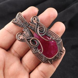 Kashmiri <b>Ruby</b> Gemstone Pear Cut Copper Wire Wrapped Fashion Pendant <b>Necklace</b> Red Stone Oxidized Silver For Cocktail Party Wear - Product Image 3