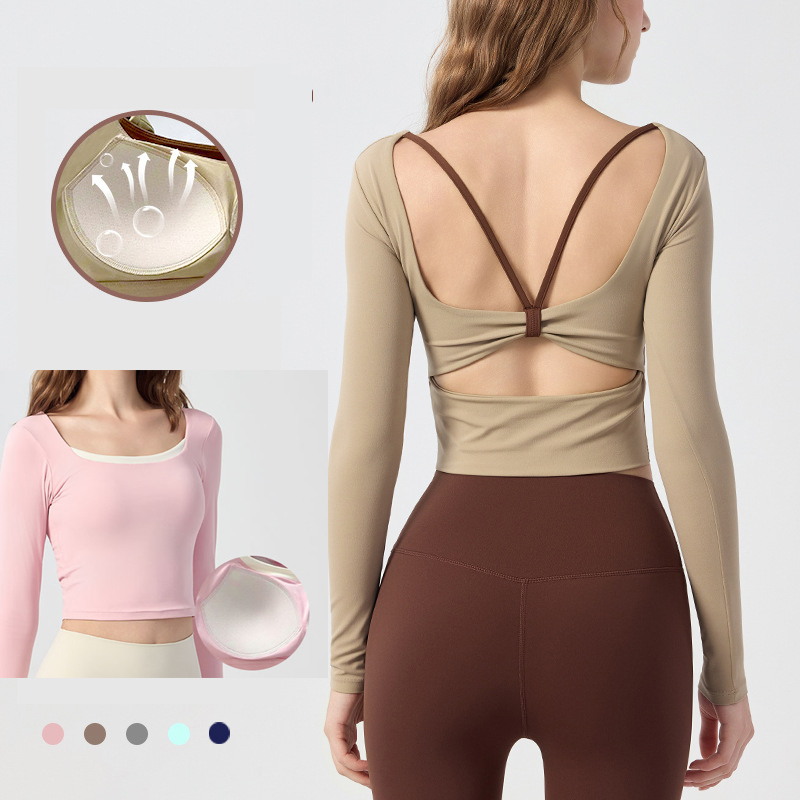 Women's Yoga Long-Sleeved Top Chest Pads Lightweight Spandex/Nylon Shockproof Four-Way Stretch Breathable Quick Dry Autumn Wear