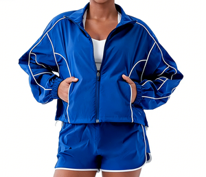 Ensemble de survêtement sport surdimensionné en coton 100% respirant et léger pour l'automne, avec logo personnalisé, boutons solides, veste coupe-vent - Product Image 4