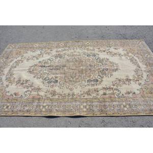 Classic Beige Vintage Turkish Rug 5.2 X 9.1 ft Handmade Patchwork Design Wool Viscose Rectangular Shape for Living Latex - Product Image 3