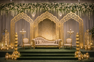 Paneles de Fondo para Bodas de Lujo Tradicionales con Grabados Dorados Reales, Marcos Metálicos, Tema Palacio Real, Precio de Fábrica DST Exports - Product Image 4