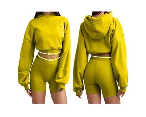 Femmes haut court à capuche ensemble short d'entraînement doux confortable deux pièces vêtements de sport décoration Vintage à la mode motif solide Style décontracté - Product Image 6