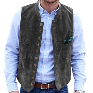 <b>Men's</b> Casual Brown Frosted <b>Velvet</b> Leather Vest Single Breasted Round Neck Waistcoat with Sleeveless <b>Jacket</b> Style - Product Image 5